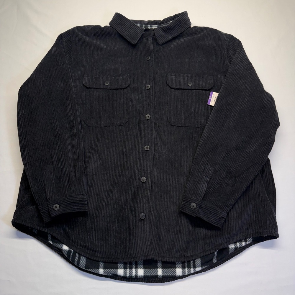 Three Dots Corduroy Plaid Fleece Lined Shacket Jacket‎ Black XXL Cozy